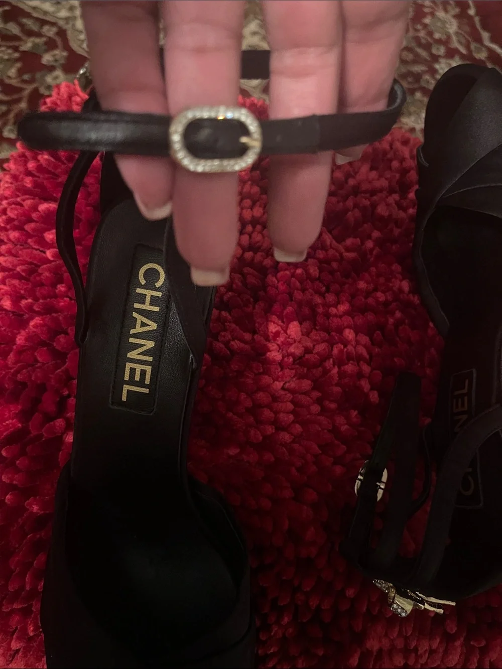 CHANEL Black Satin Peep-Toe Slingback Heels with Rhinestone Accent